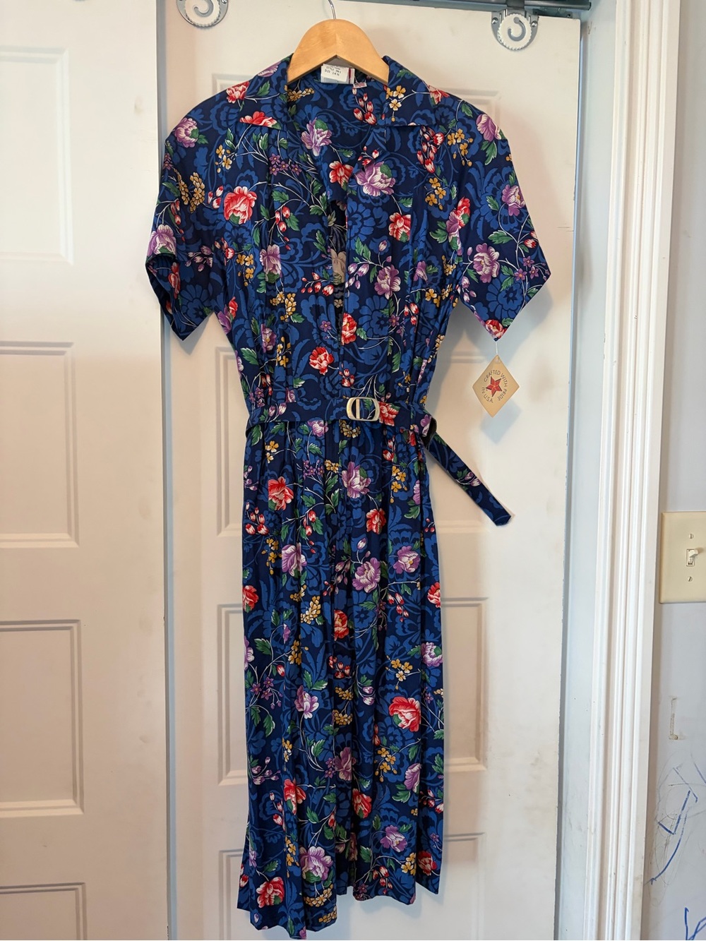 Vintage 1980s Carriage House Floral Belted Midi Dress Size 14½ Made in USA